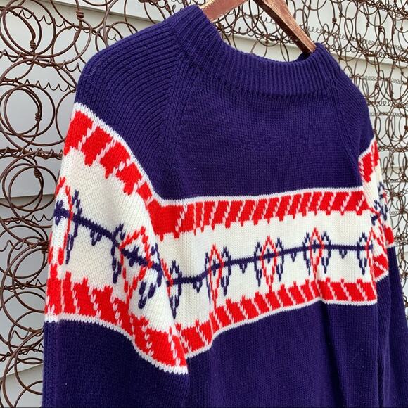 Vintage Montgomery Ward knit stripe fair isle blue red ski nordic sweater - Picture 2 of 6